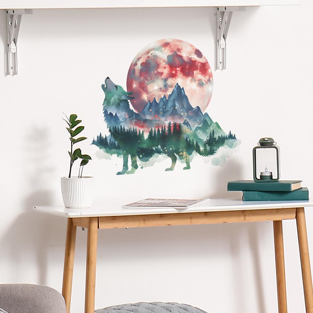 Howling Wolf at Moon Mountain Forest Wall Sticker Self-Adhesive Removable Bedroom Living Room Hallway Dorm Nature Landscape Home Decor Art