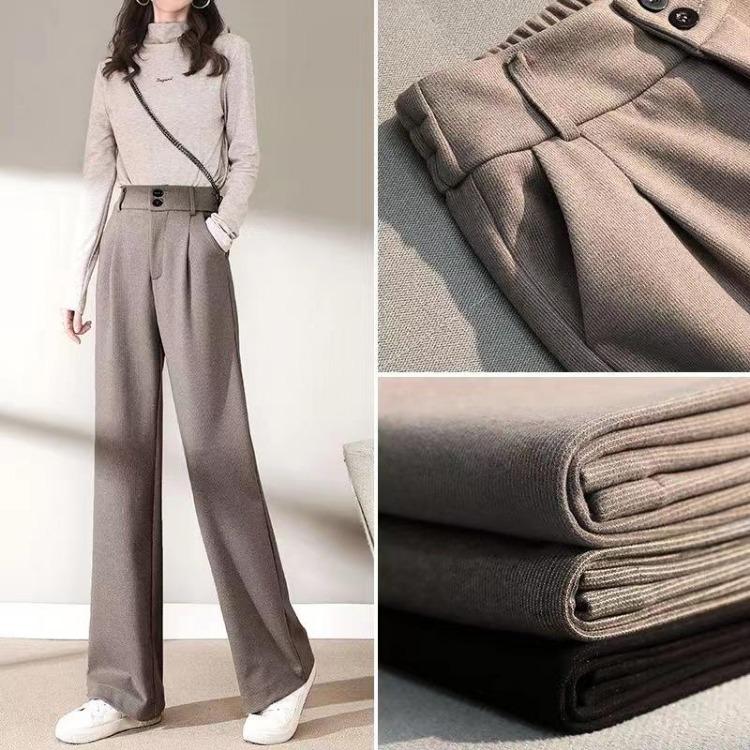 Women High Waisted Woolen Pants Autumn Winter Thick Wide Leg Draping Trousers Outside Wear