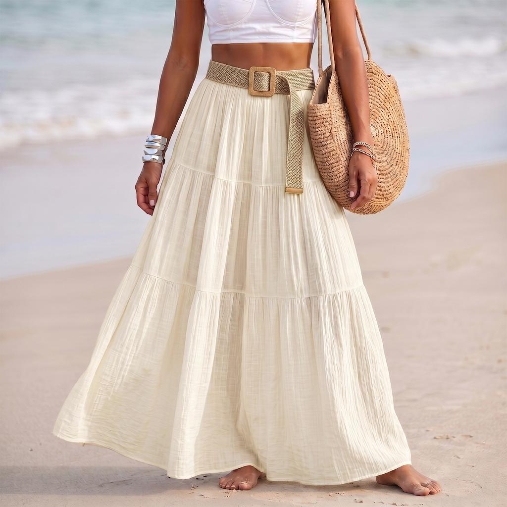 Women Fashion Solid Elastic Waist Patchwork Tiered Maxi Skirt Holiday Beach Linen Blend Casual Long Skirt with Belt