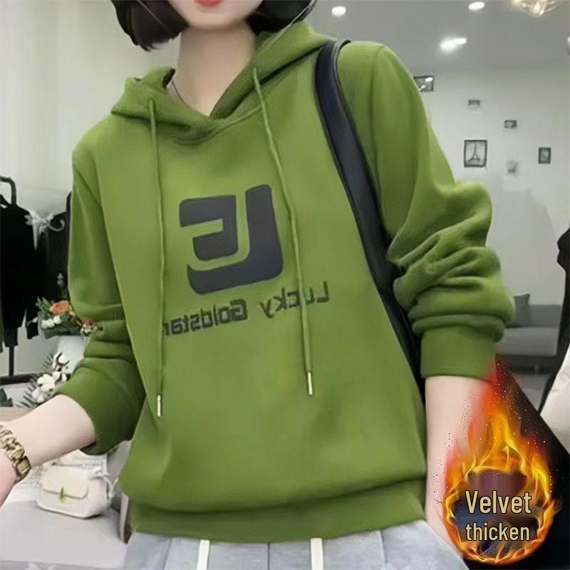 Women's Fleece-Lined Thickened Hooded Sweatshirt: Loose Fit, Slimming, Autumn/Winter Korean Style.