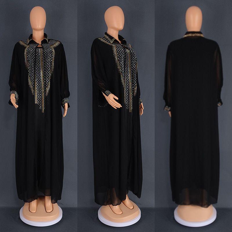 

Indonesia Dress Plus Size Chiffon Heavy Embroidery Hot Drilling African Middle East Base Skirt Long Gown Two-piece Set Dresses Black Free size