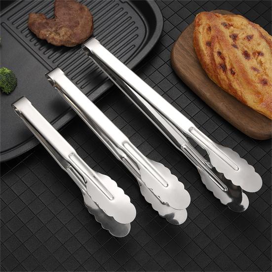 Stainless Steel Food Tongs Non-Slip Grip Bread Serving Tongs Heat-Resistant Rust-Proof Mirror Polished Kitchen Utensils for BBQ Buffet