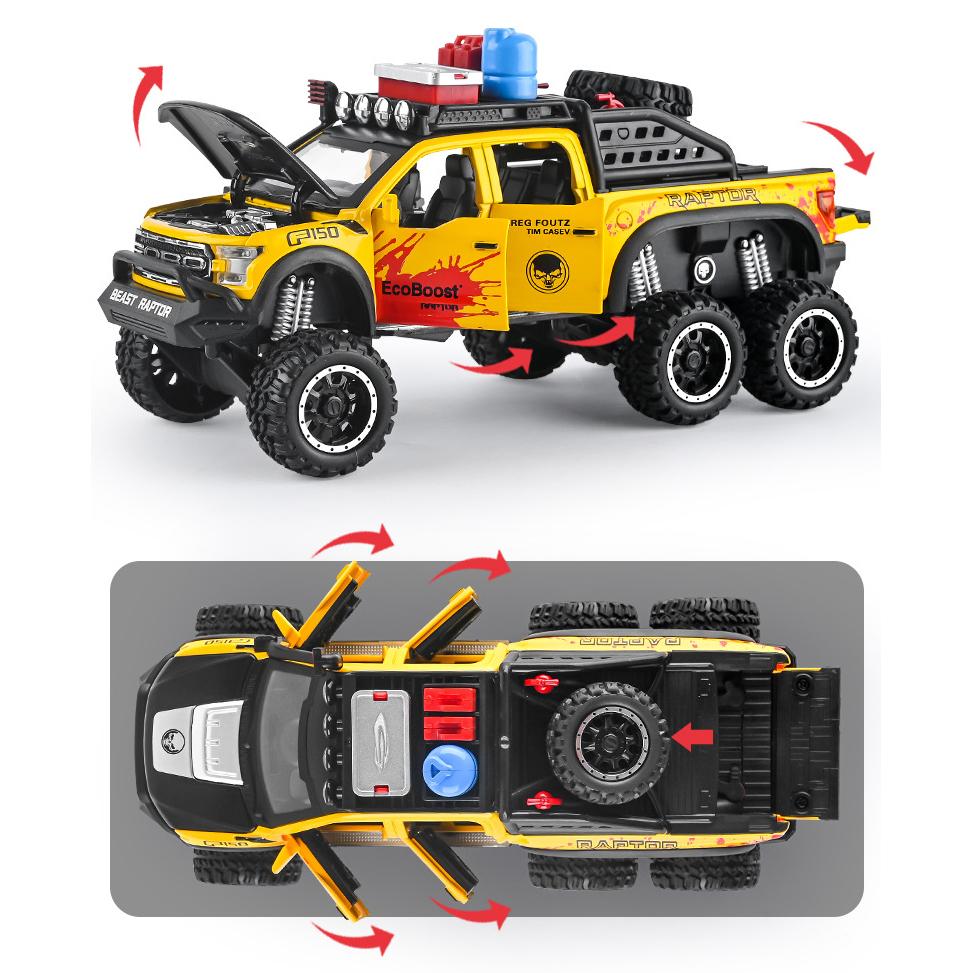 La scară 1/28 Ford Raptor F150 6X6 Pickup Truck Model de mașină de jucărie turnată sub presiune, Vehicul de jucărie cu sunet și lumină pentru copii mici, colecție de cadouri