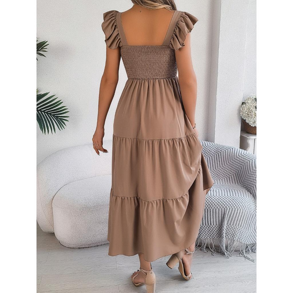 HNXC Summer Solid Color Square Neck Black Ear-trimmed Waist-cinching A-line Long Dress Women's Clothing