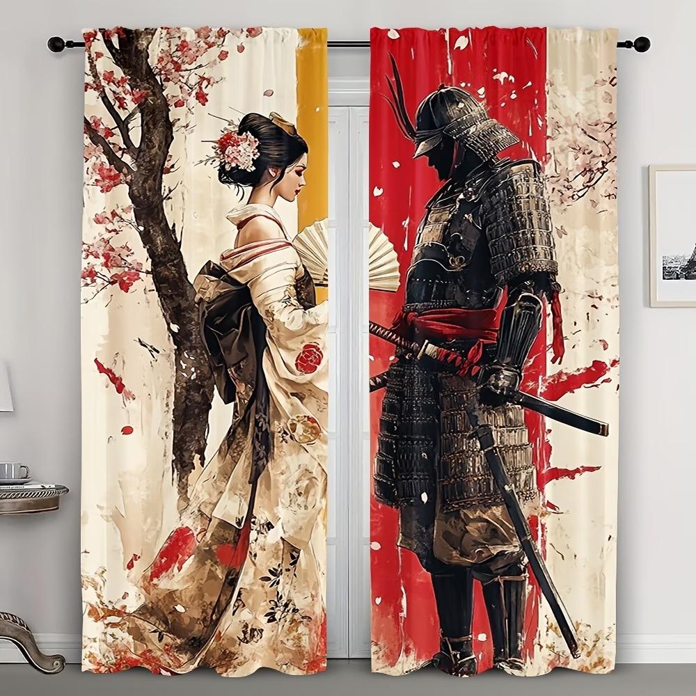 2-Piece Rod-Pocket Curtains, Traditional Japanese Geisha and Samurai Print Semi-Blackout Curtains 60×150cm(23.6×59in)