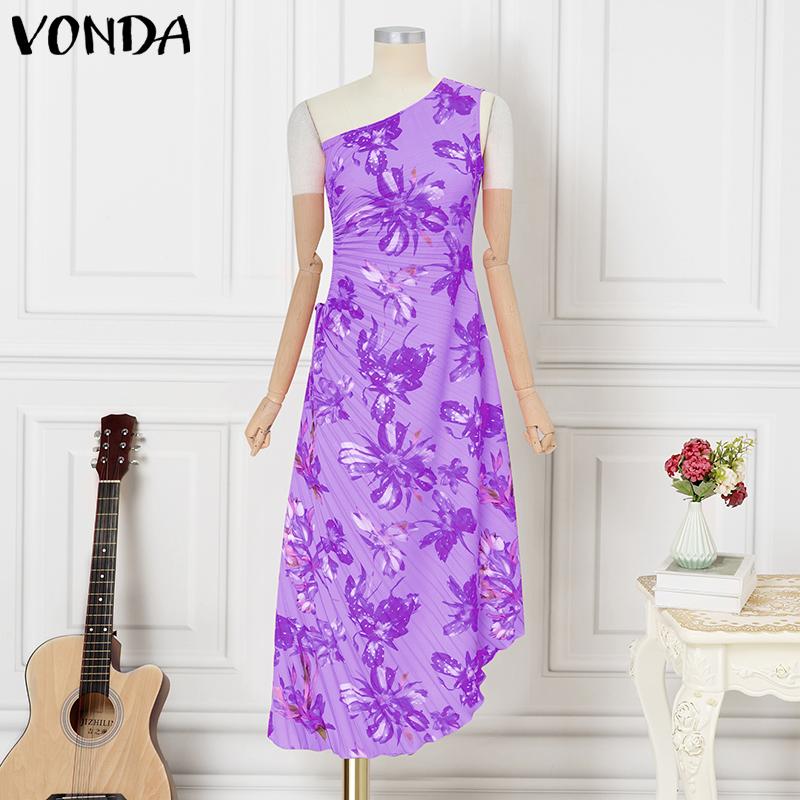 VONDA Women One Shoulder Sleeveless Twisted Waist Floral Print Irregular Holiday Dress
