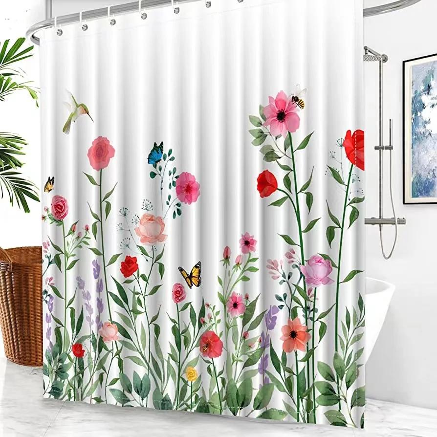 Floral Shower Curtain Waterproof Fabric Flower Plant Shower Curtains for Bathroom Decor Set Home Hotels Machine Washable Spring