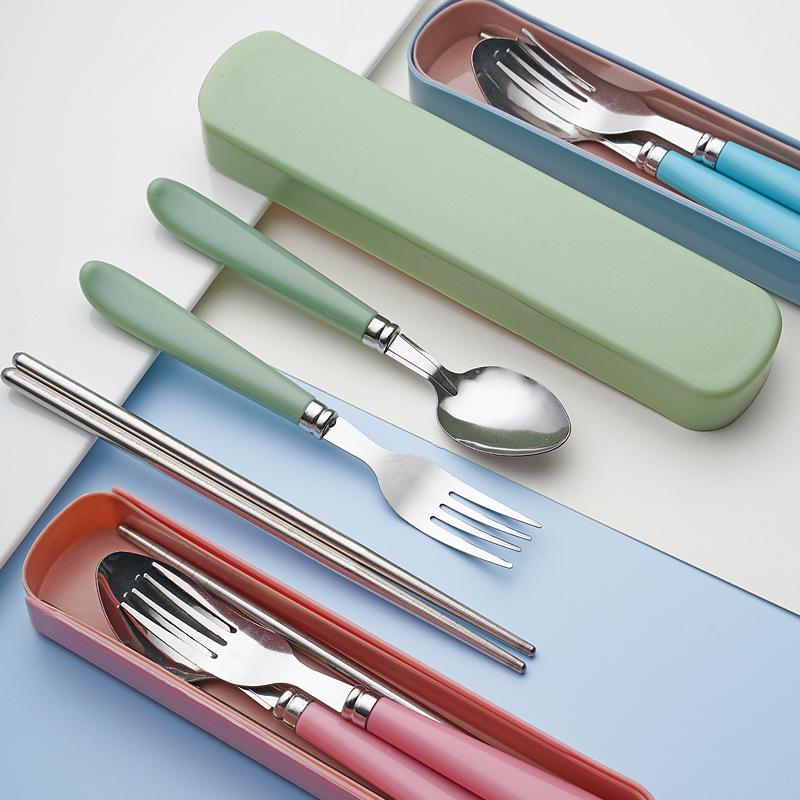 Stainless steel portable tableware set, plastic handle travel portable three-piece set, student canteen spoon fork chopsticks