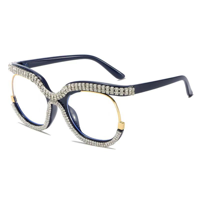 European & American Anti-blue Light Women's Glasses with Clear Lenses and Rhinestone-Inlaid Frame