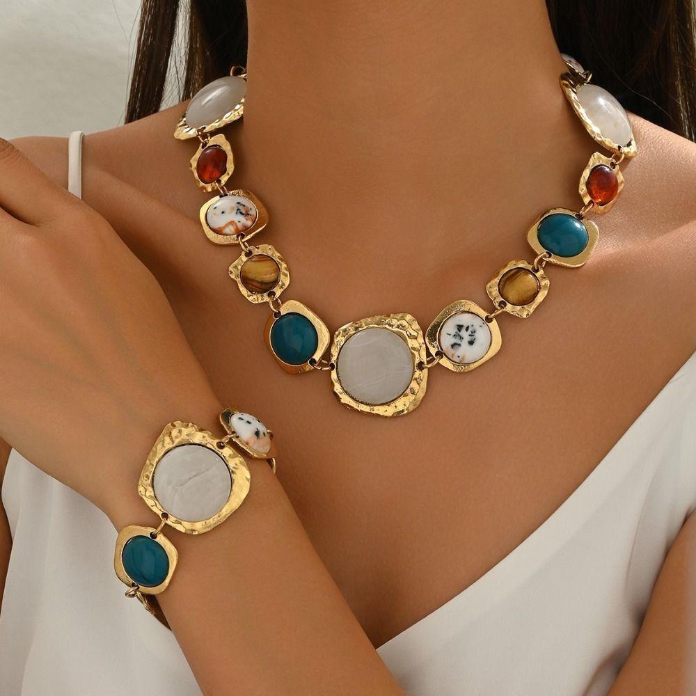 Vintage Retro Resin Necklace Earring Fashion Collarbone Necklace  Banquet