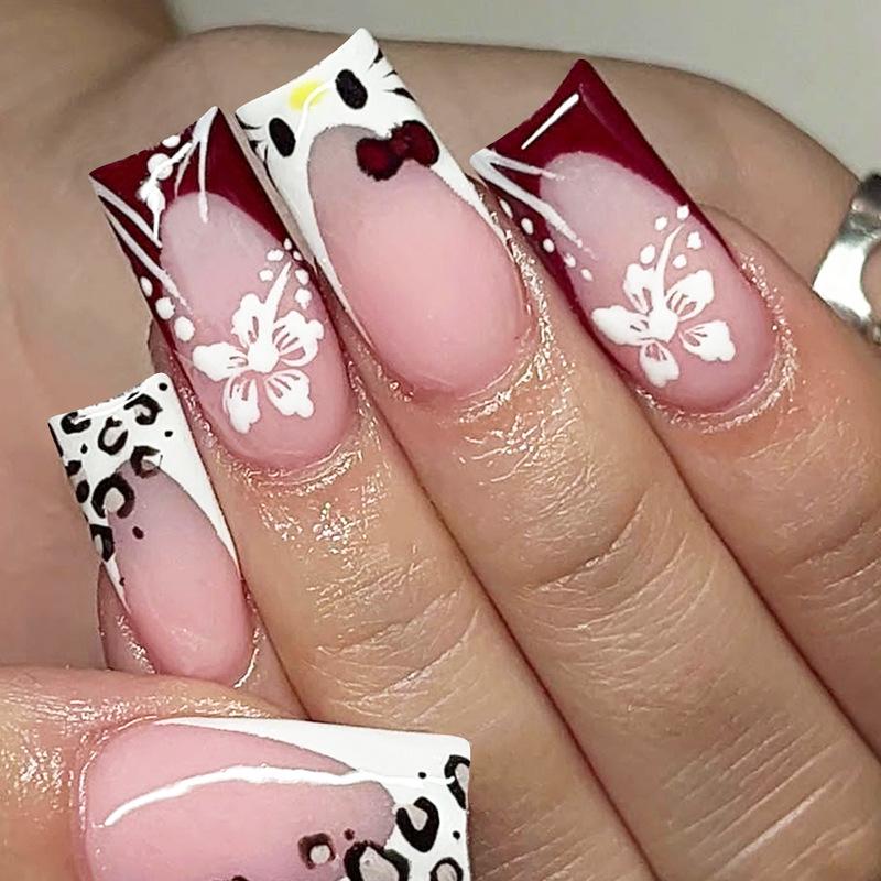 

Handmade Leopard Print & White French Press-On Nails with Diamonds