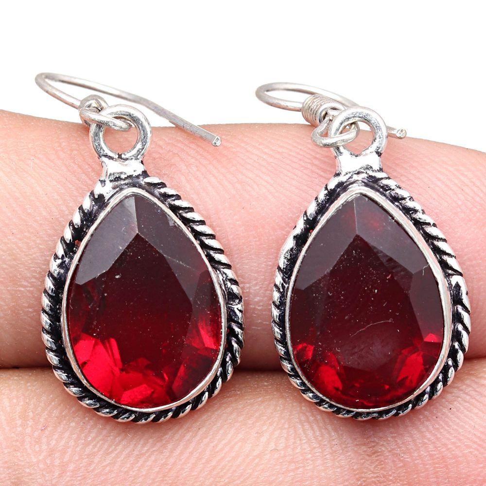 Garnet Quartz Gemstone Handmade Gift For Her Silver Jewelry Earrings 1.5''