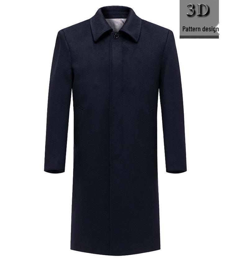 Men's Winter Cashmere Coat, Velvet-Lined, Knee-Length, Warm Woolen Trench for Middle-Aged and Elderly, Dad-Style Outerwear.