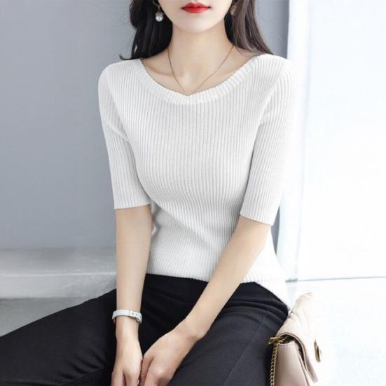 Women Tops Slim Fit Solid Color Ribbed T-Shirt Round Neck Half Sleeve