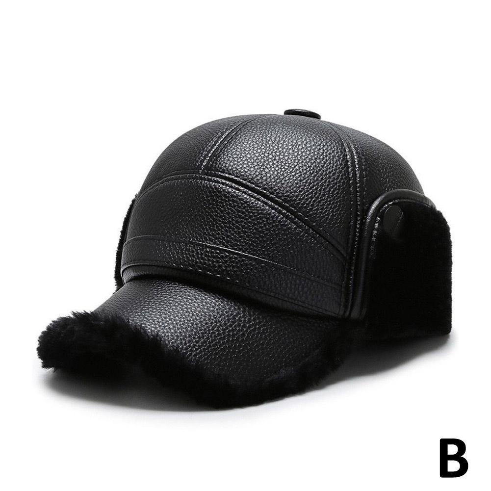 Autumn Winter Hat For Men Outdoor Thick PU Leather Warm Adjustable Earmuffs Baseball Cap Bomber Thick Fleece Lined Hats