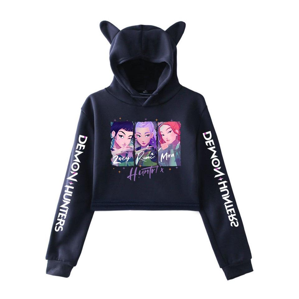 

K-pop Худи Охотники на демонов Мода Кошачьи ушки Женский свитшот С длинным рукавом Пуловер С капюшоном Мультяшные кроп-топы для девочек Женская одежда XXS темно-синий