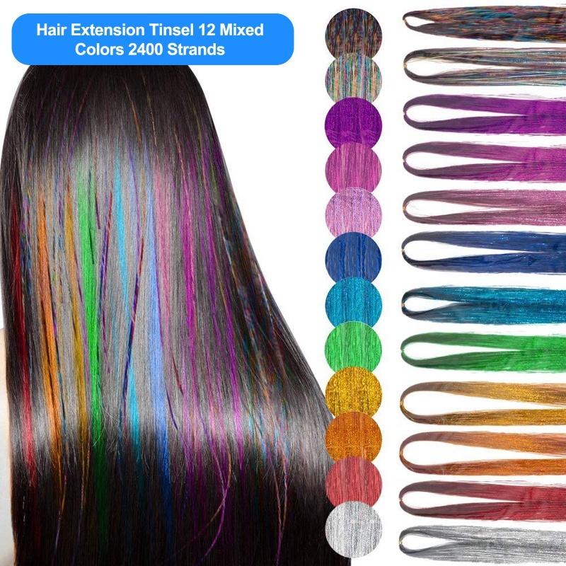 47 Inches Hair Extension Tinsel Kit With Tool 12 Mixed Colors 2400 Strands Hair Extension Tinsel Kit Glitter Hair Extensions For