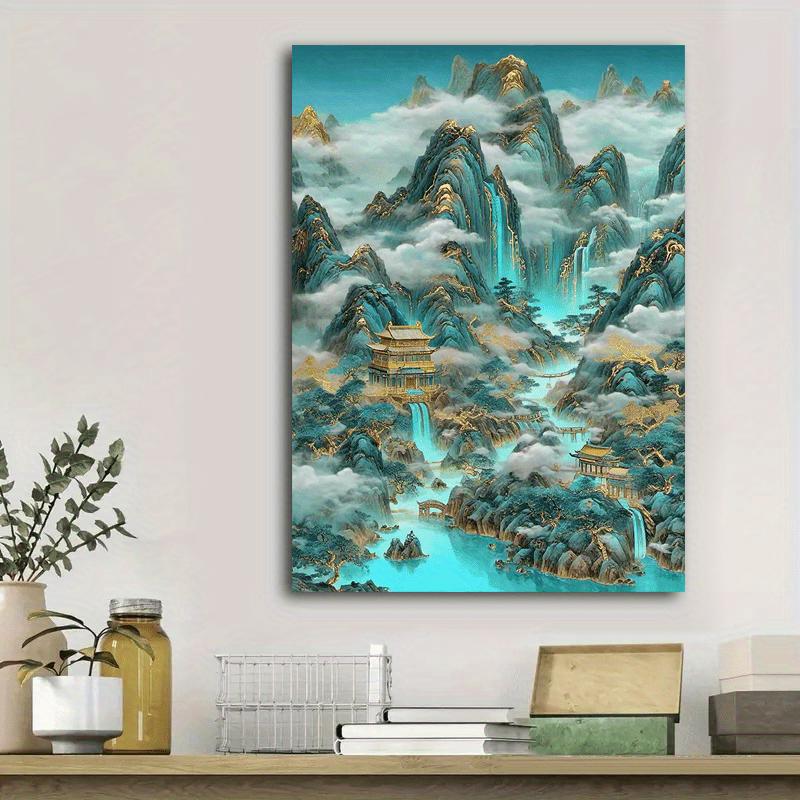 [2D Flach] 1 Stück Traditionelle Chinesische Landschaft Leinwand Wandkunst - Majestätische Berge, Wasserfälle und Pavillons, Goldener und Blauer Farbton