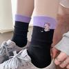 Korean Trendy Double Needle Mid-Calf Socks with Foldable Ribbed Cuff & Cute Cartoon Cat Embroidery
