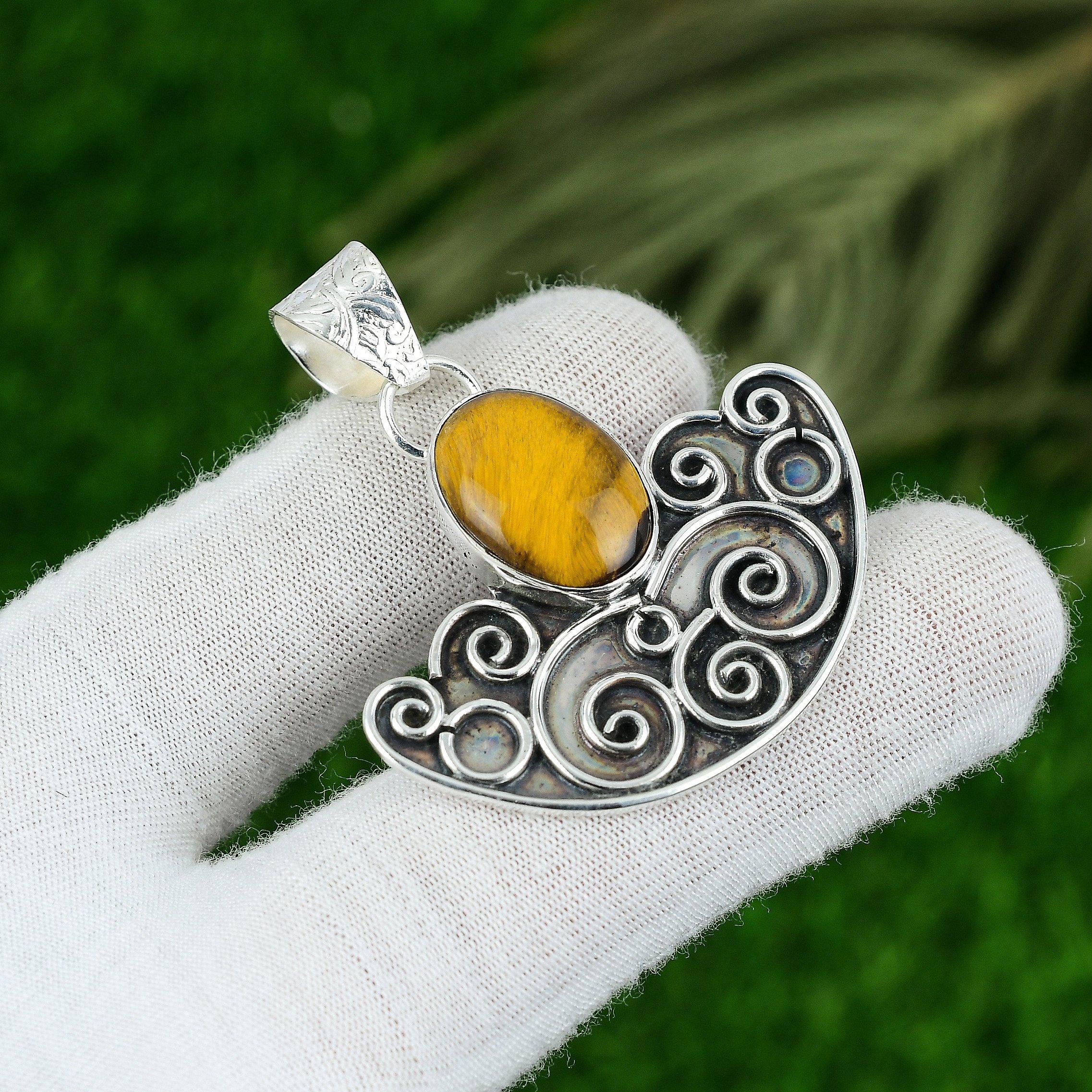 

925 Sterling Silver Tiger Eye Gemstone Mother Bezel Handcrafted Pendant Jewelry