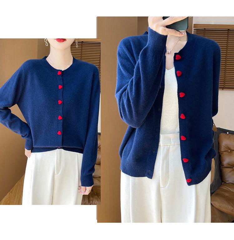 Women's 100% Wool Round Neck Long Sleeve Knit Cardigan with Cashmere Inner Layer