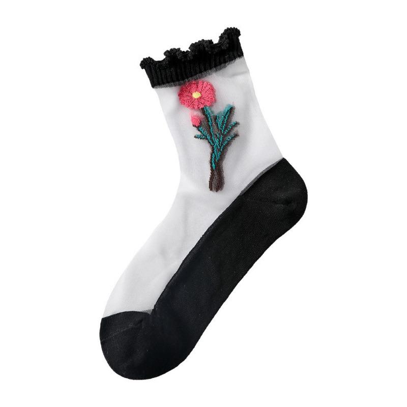 5 Pairs Womens Floral Embroidered Socks Fashionable Lightweight Mesh Socks