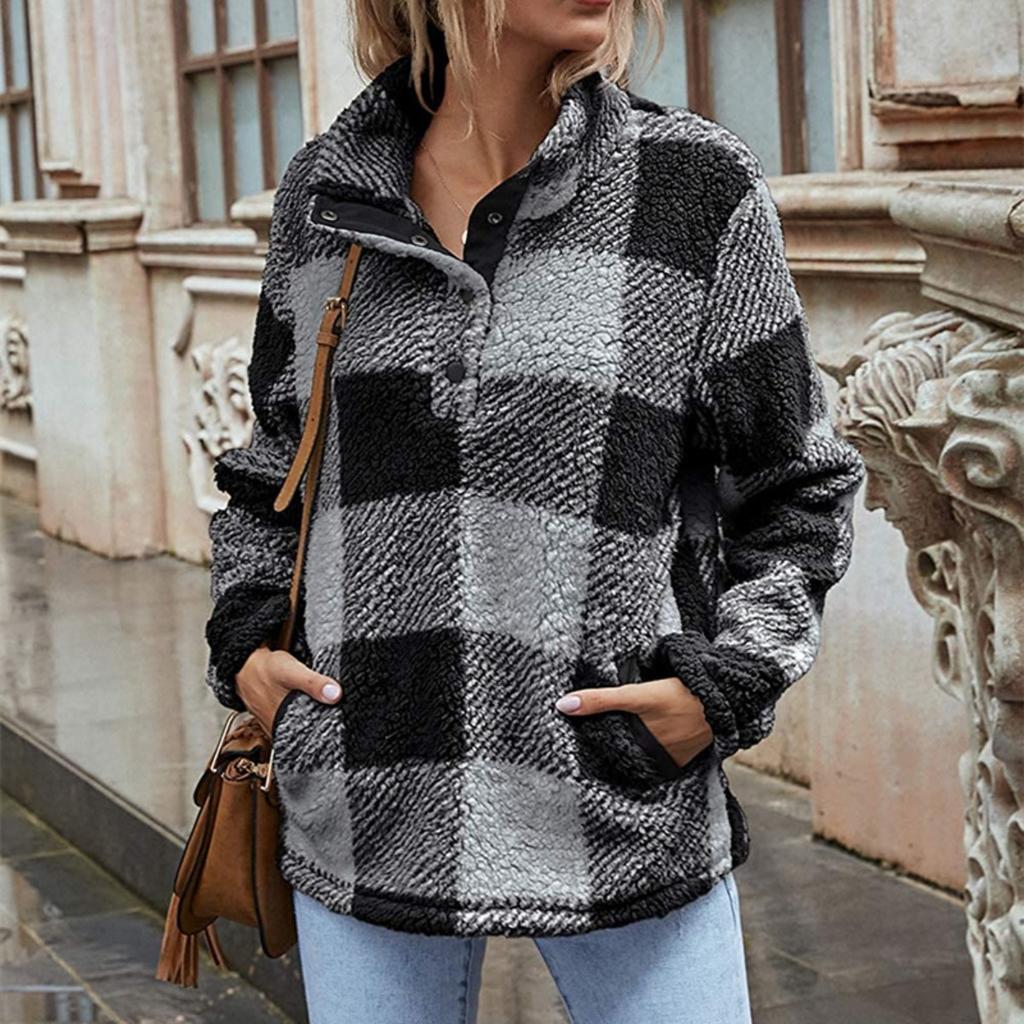 2025 Nowy Damski Sweter Golf z Polaru w Kratę Luźny Krój Pulower Jesień Zima Moda