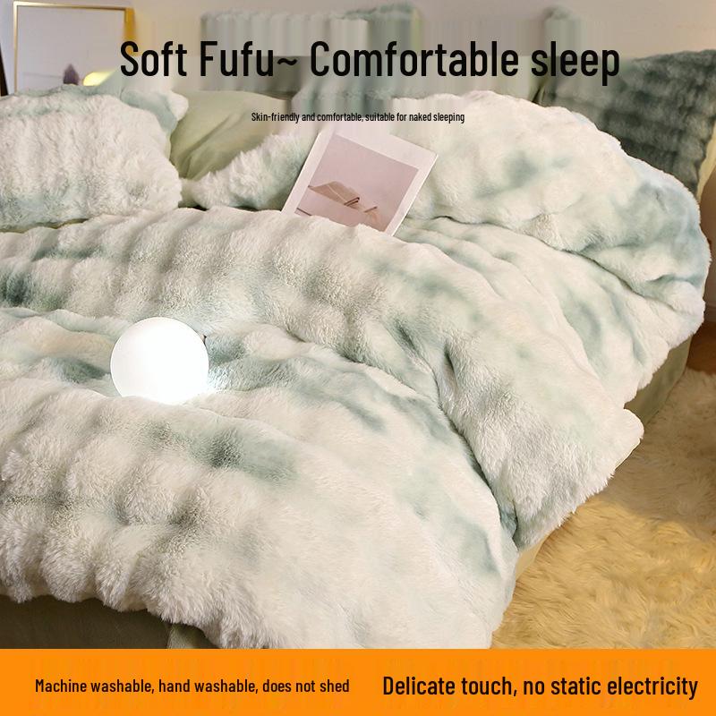 Winter Plush Bunny Fur Bedding Set: Double-Sided Milk Velvet and Coral Fleece Duvet Cover with Skirt
