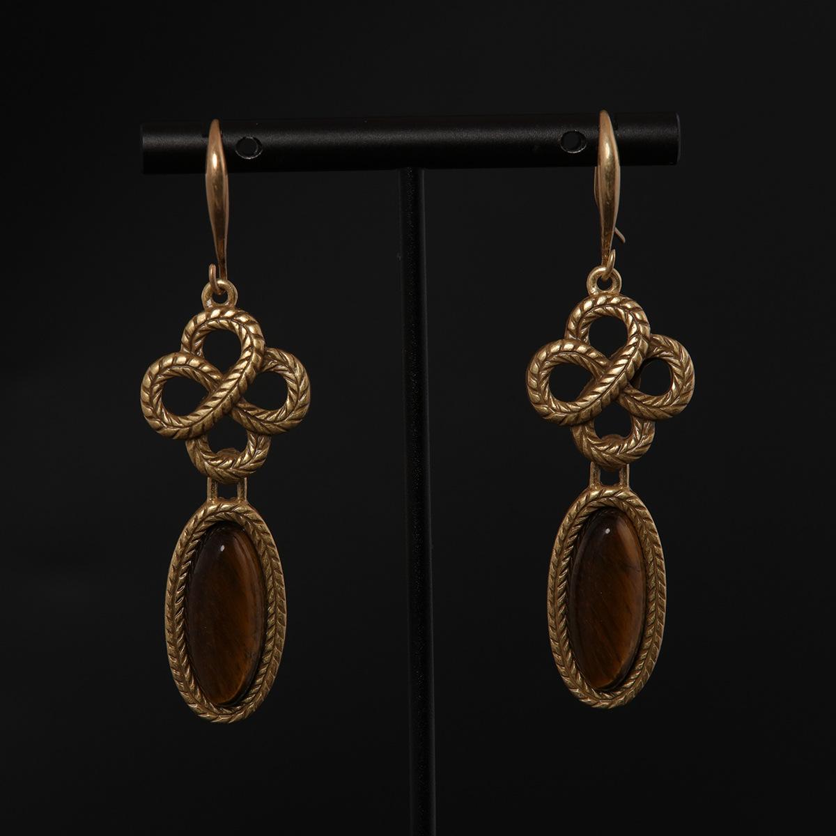 Medieval Vintage Premium Copper Plated Copper Plated Gold Plated Chinese Knot Tiger Eye Stone Necklace Earrings Set