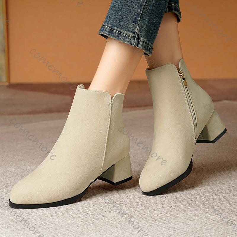 Comemore Autumn and Winter New Pointed Suede Side Zipper Ankle Boots for Women Casual Thick Middle Heel Female Botines