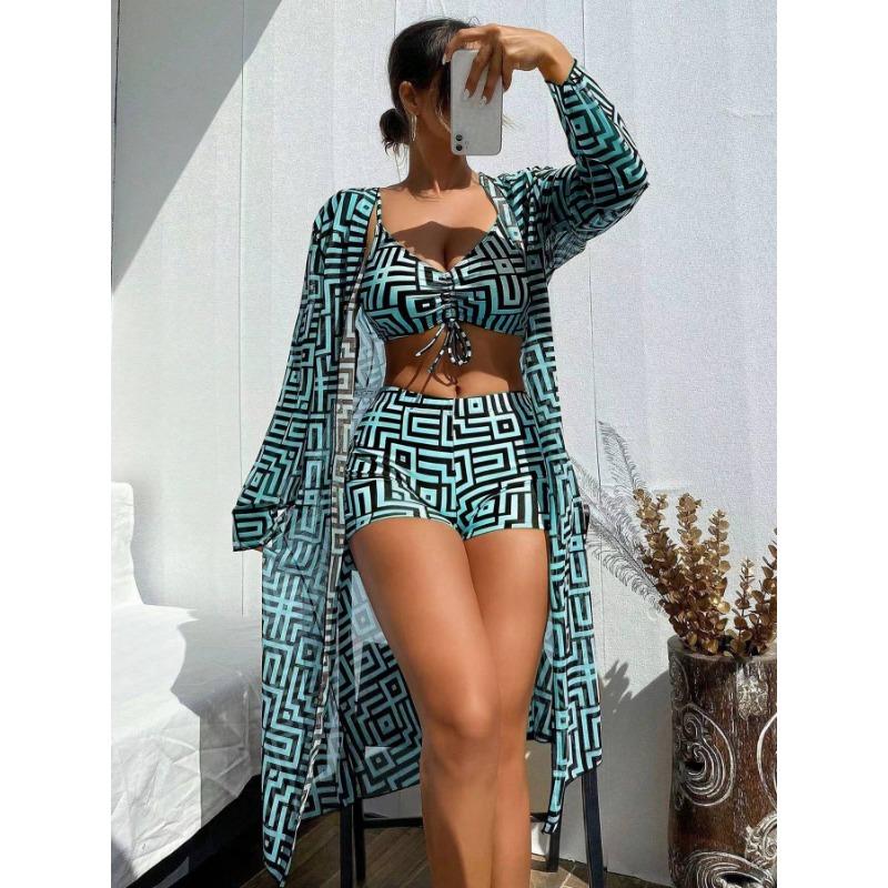 Women's Geometric Print Drawstring Bikini Set with Sheer Cover Up 3 Piece Swimwear