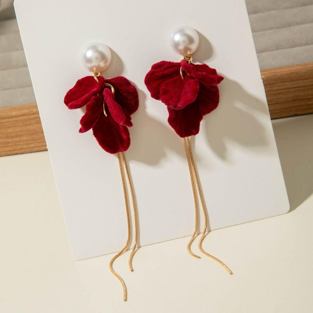 Zinc Zinc Alloy Wine Red Bow Drop Earrings Bowknot New Year Earrings Red Velvet Bow Earrings Decoration