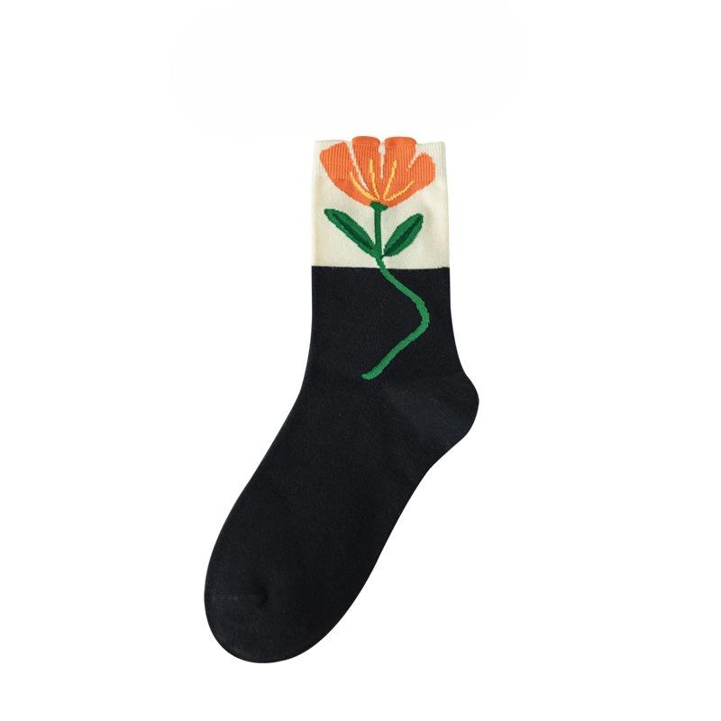 

Женские весенне-летние универсальные однотонные повседневные хлопковые носки с объемным цветочным узором 1 pair чёрный