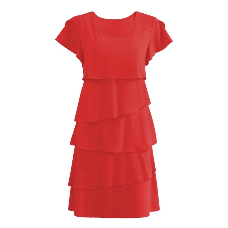 Women's Short Sleeve Crew Neck Ruffle Tiered Layered Flowys Swing Long Midi Dress Summer Dresses Casual Loose Dresses