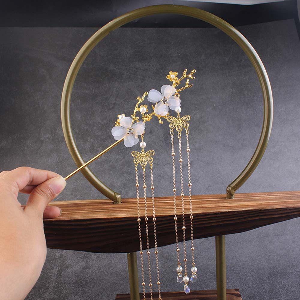 Butterfly Beads Rhinestone Hair Fork Tassel Hairpin Hanfu Hair Accessories Flower Hair Sticks