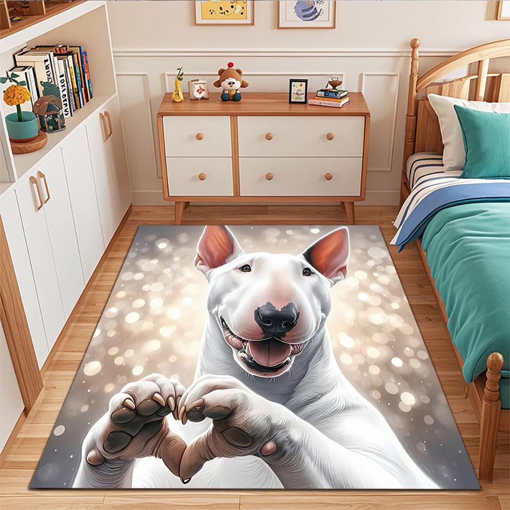 "Adorable Bull Terrier with Heart Gesture" Patterned carpet, suitable as a non slip play mat for the living room and bedroom sofa