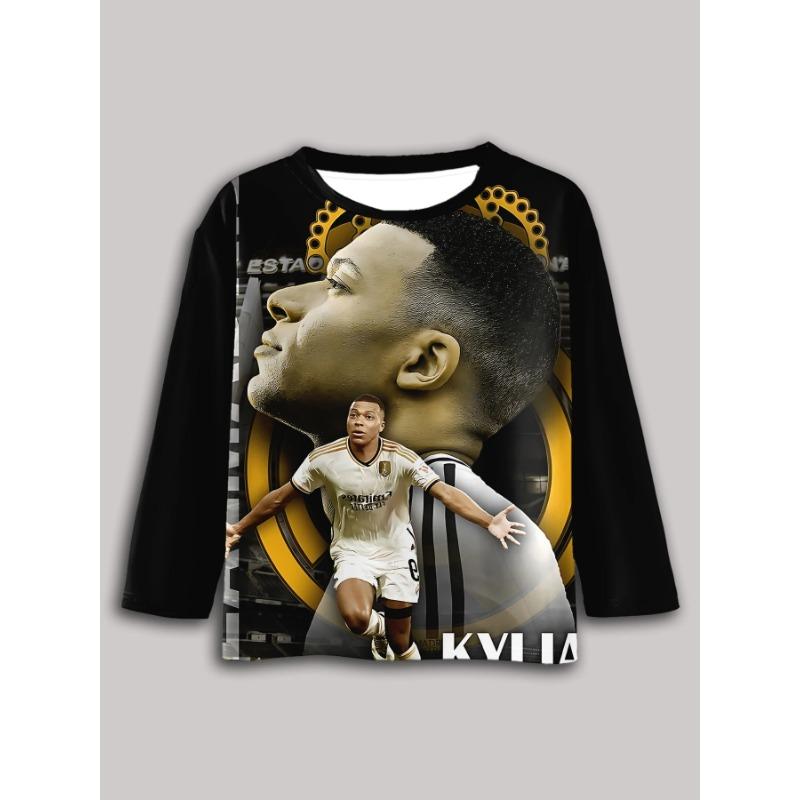 Spring and Autumn Round Neck 3D Football Star Kylian Mbappé Pattern Printed Top Fashionable Casual Long Sleeved Children's Boy T-shirts