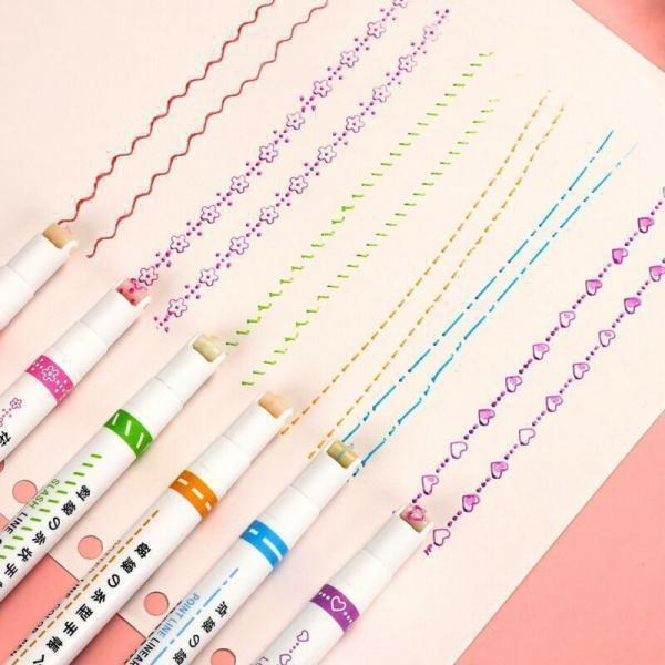 6pcs Line Highlighter Pen Fast Drying Curve Highlight Hand Paint Marke for Writing Note Taking Drawing Scrapbook Art Office School