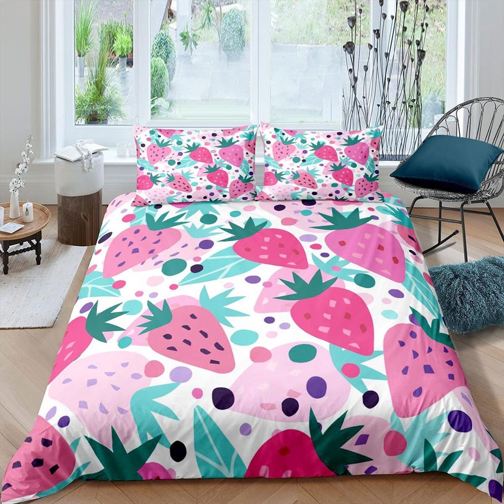 Strawberry Pink Duvet Cover Cute Fruit Print Bedding Three-piece Set Girl Room Decoration