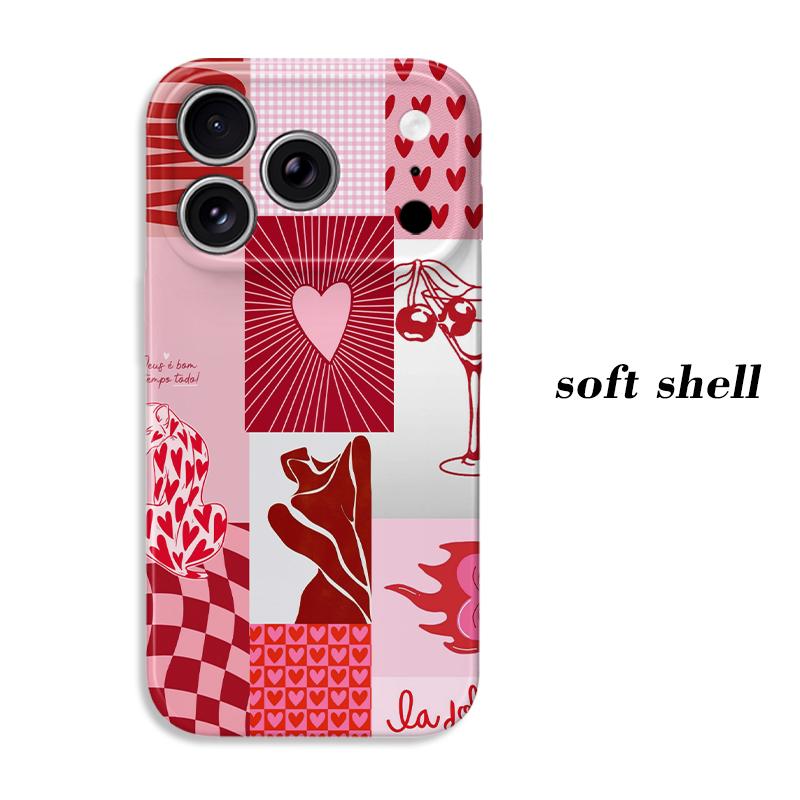 Pink Red Heart Cherry Checkered Collage Print Soft Silicone Phone Case Valentine Retro Shockproof Cover For iPhone 17 16 15 14 13 12 11 Pro Max