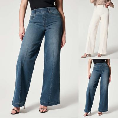 Women Seamed Front Wide Leg Jeans Elastic Waist Stretch Denim Flare Jeans High Waisted Jean Bell Bottom Jeans Lengthened