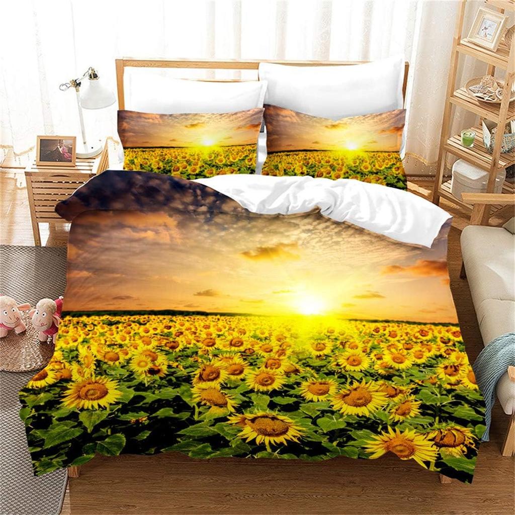 Sunflower Duvet Cover Set Double Size for Teens Floral Branches Bedding Set Garden Theme Comforter Cover with Pillowcases 2 Pcs