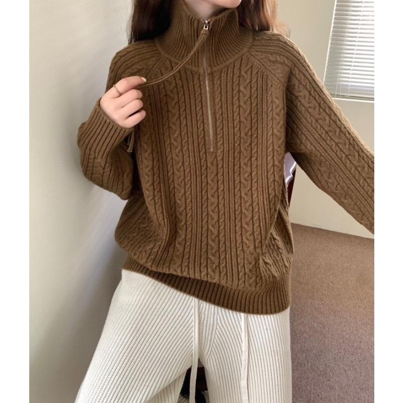 Pulover tricotat pentru damă, toamnă și iarnă, cu rever cu jumătate de fermoar