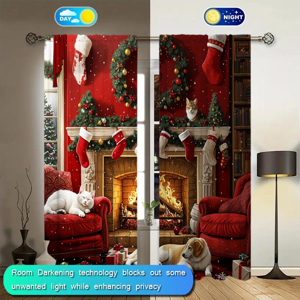2pcs Christmas Fireplace Printed Curtain for Christmas Home Decor - Rod Pocket Window Treatment for Bedroom, Office, Kitchen