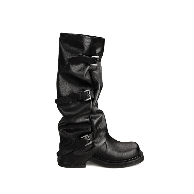 Cowhide~ Height Increased 6cm Belt Buckle Pleated Medium and High Boots Leather Knight Boots Women's Pants Tube Boots