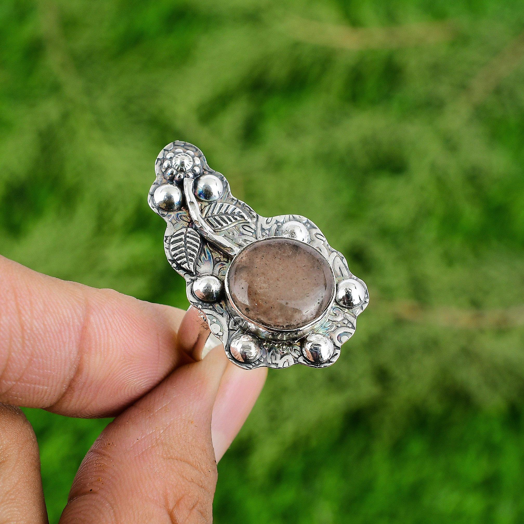 

925 Sterling Silver Sunstone Gemstone Bezel Promise Flower Ethnic Stackable Ring Adjustable