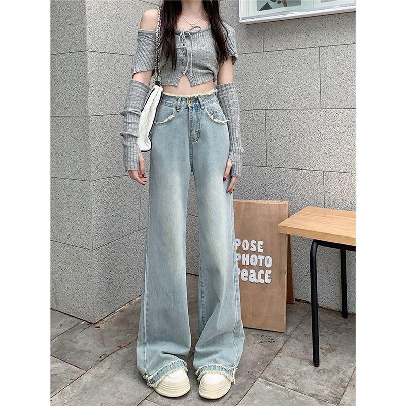 

Women s Light Blue High-Waisted Wide-Leg Jeans - Petite, Loose, Slimming, Straight-Leg, Floor-Length (Spring/Autumn 2025 Style) XL