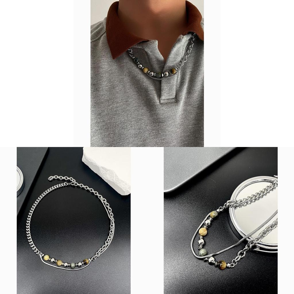 Geometric Stainless Steel Necklace With Natural Stone Beads For Unisex Fashion