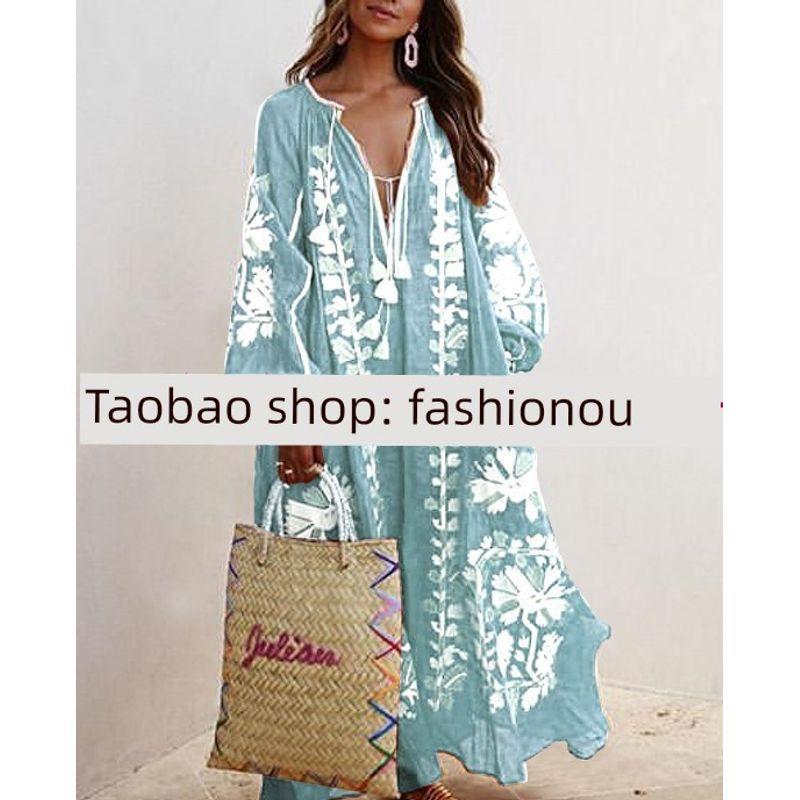 2024 European and American New Women's Clothes Ethnic Embroidery Flower Loose Oversized Long Sleeves Dress Women's Robe