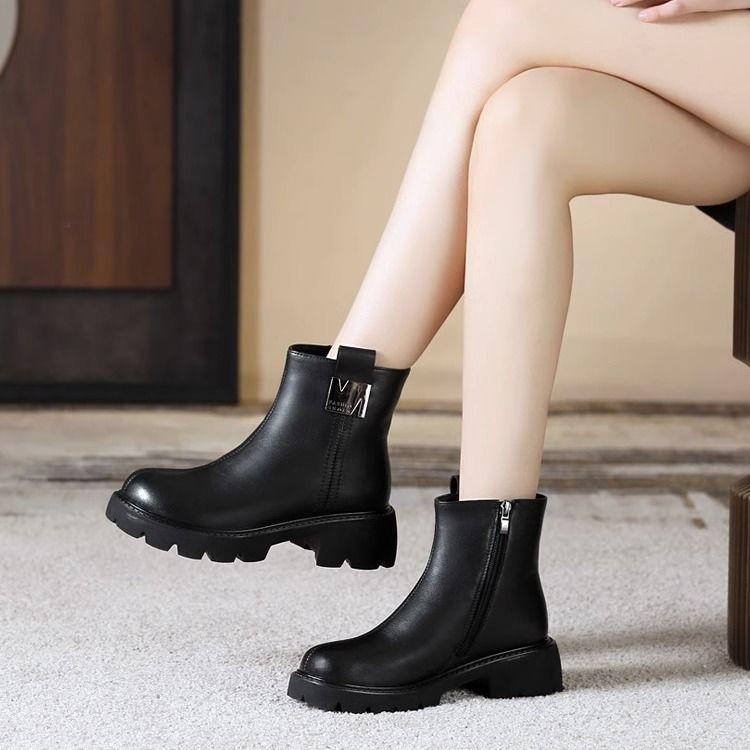Winter Women Shoes Round Toe Chunky Heel Boots  Leather Shoes for Women Warm Wool Snow Boots Zipper Platform Shoes Wome